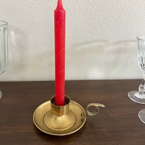 Brass Chamberstick Candle Holder with Red Taper Candle
